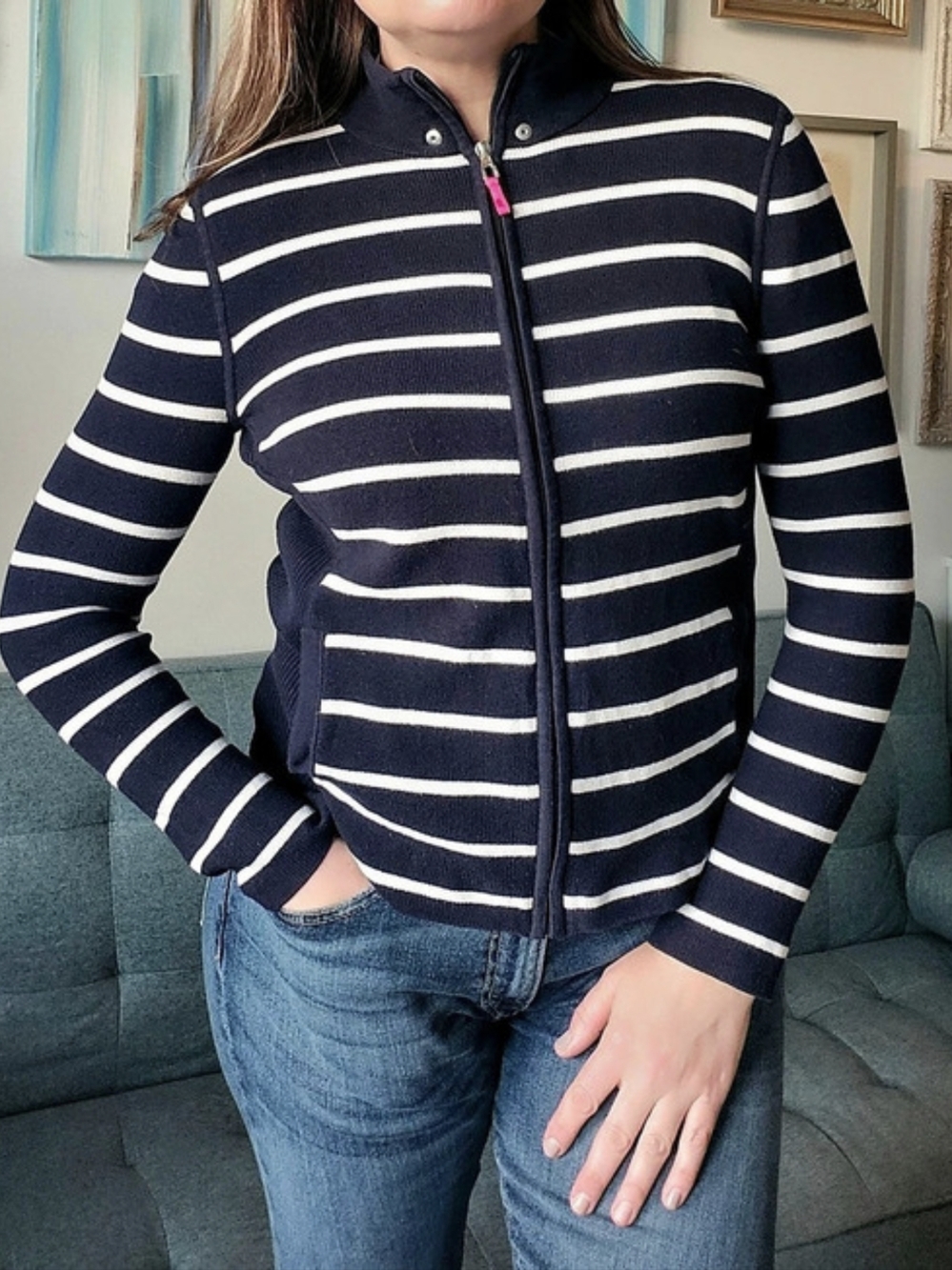 Lauren For Ralph Lauren Vintage Women's Striped Cotton Cardigan in Blue & White